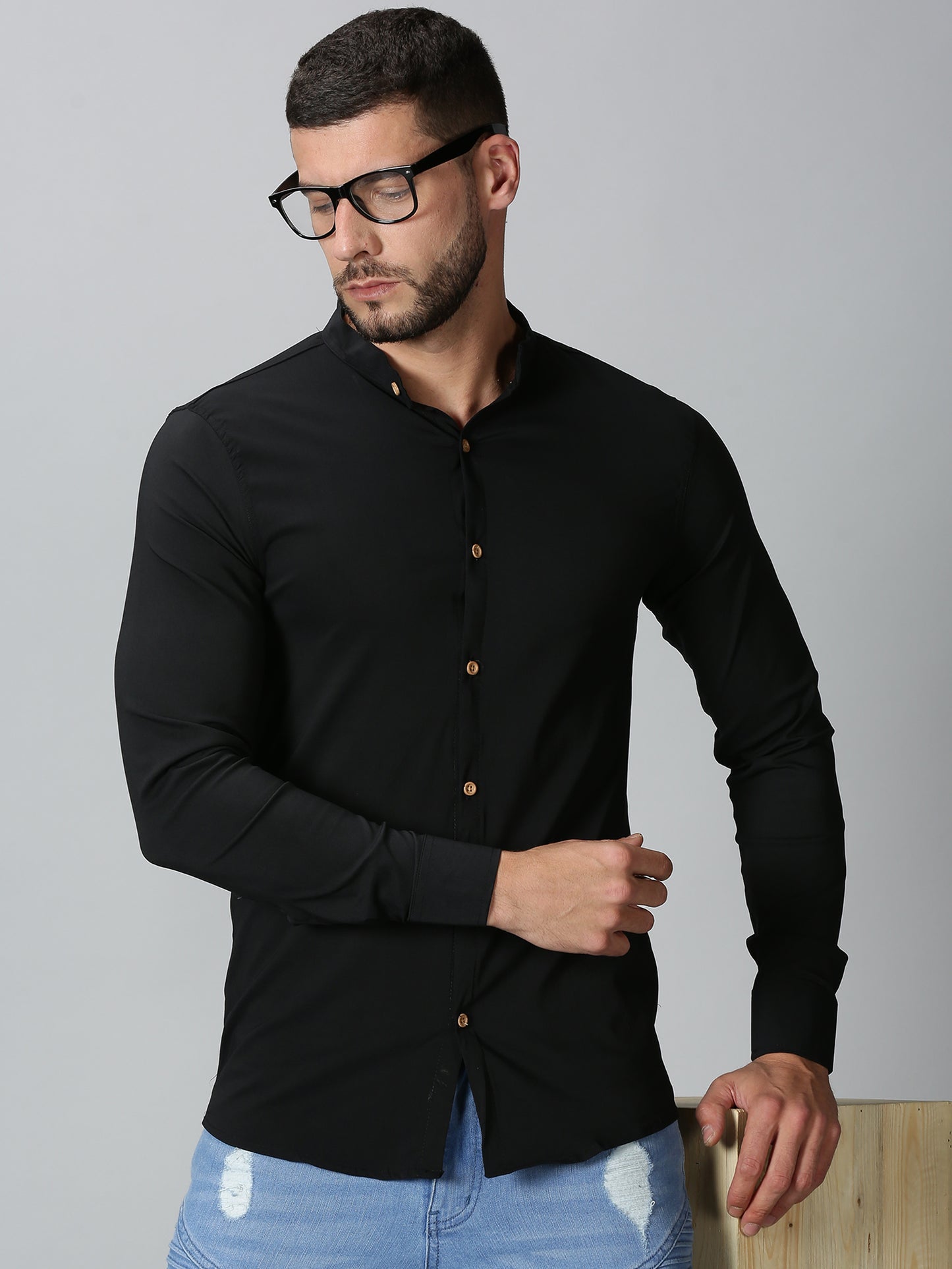 Black Mandarin Collared Stretch Shirt