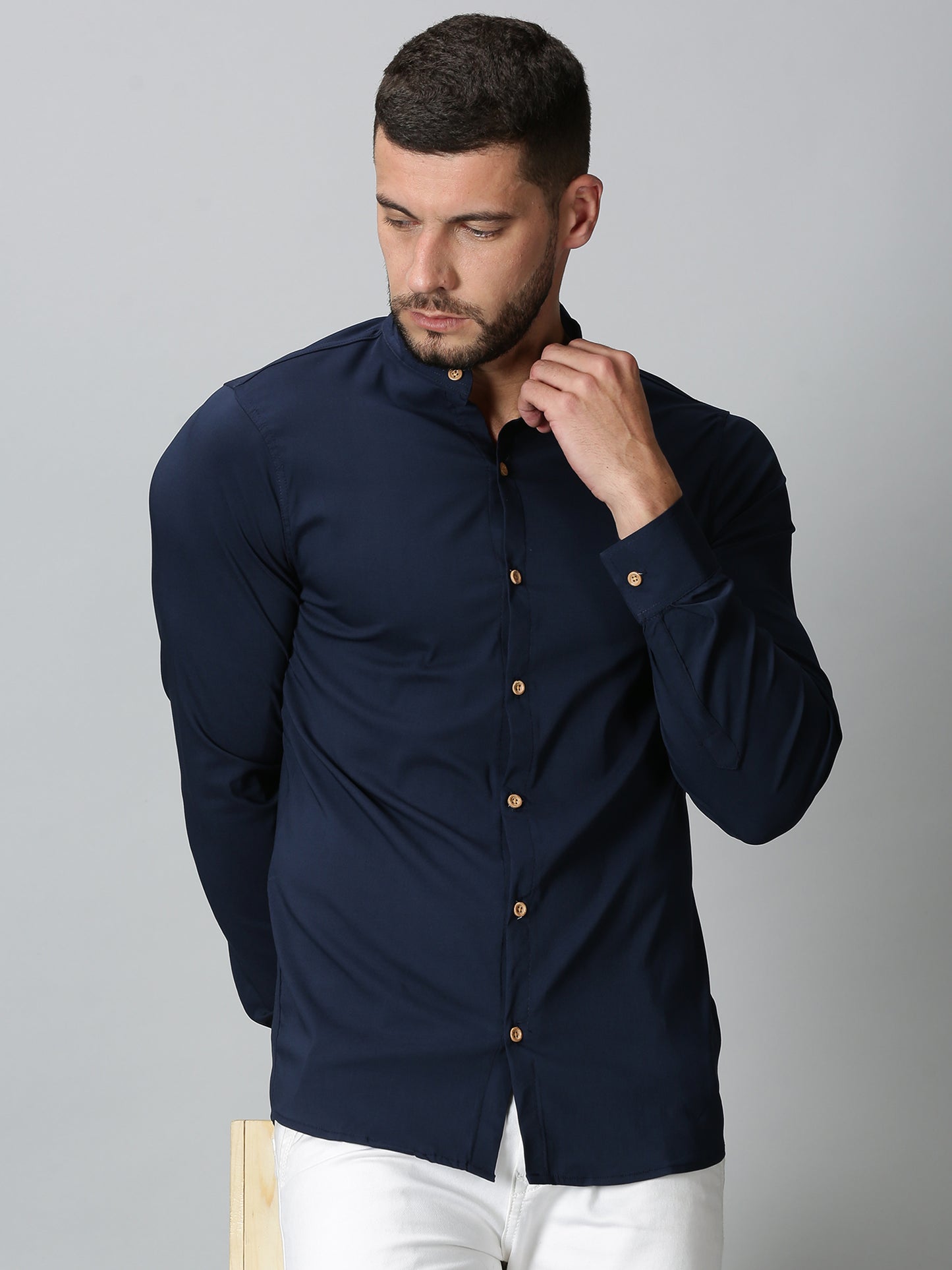 Navy Blue Mandarin Collared Stretch Shirt