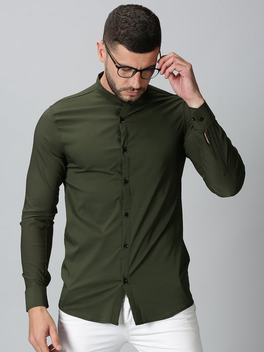 Olive Green Mandarin Collared Stretch Shirt