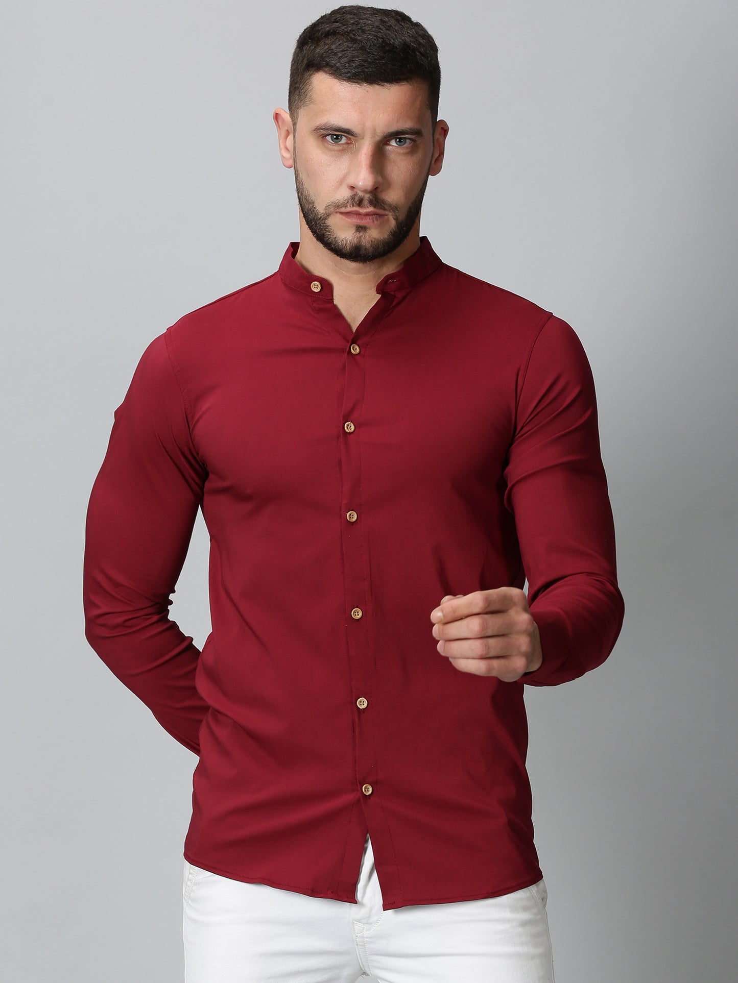 Red Mandarin Collared Stretch Shirt