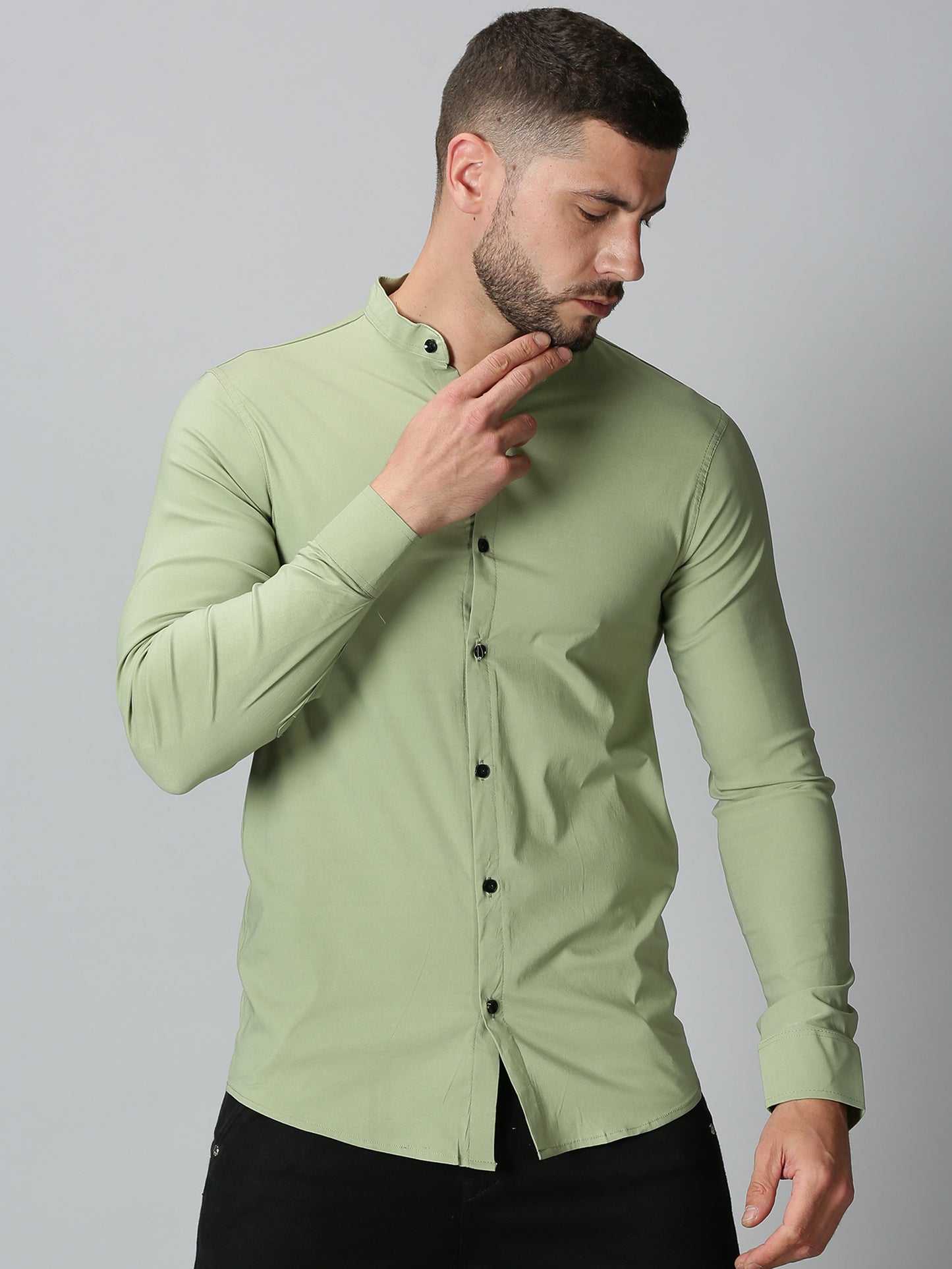 Light Green Mandarin Collared Stretch Shirt