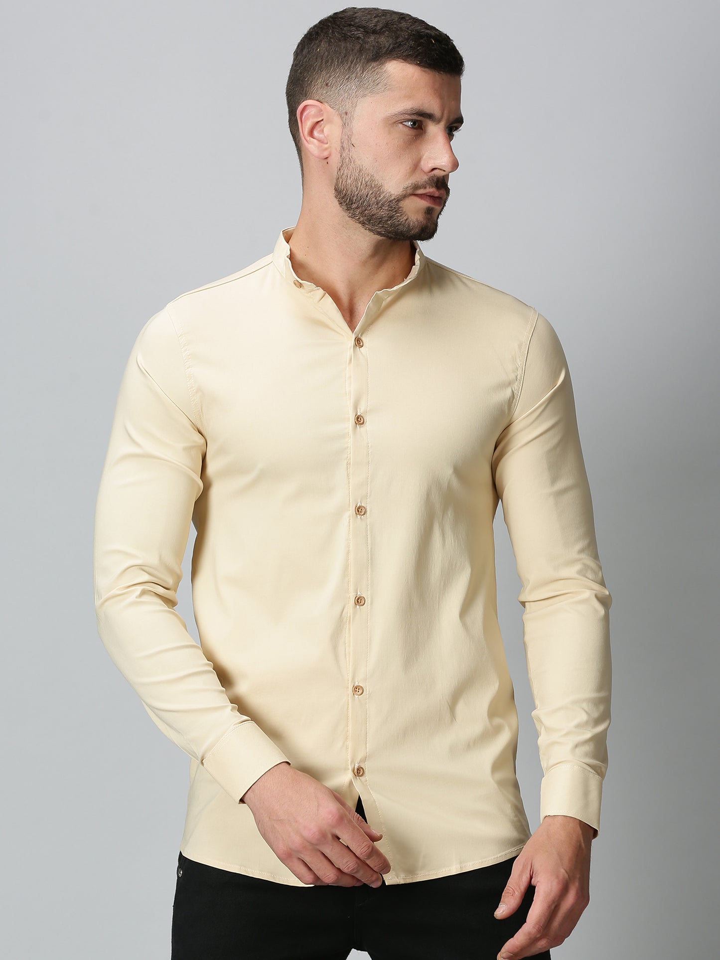 Beige Mandarin Collared Stretch Shirt