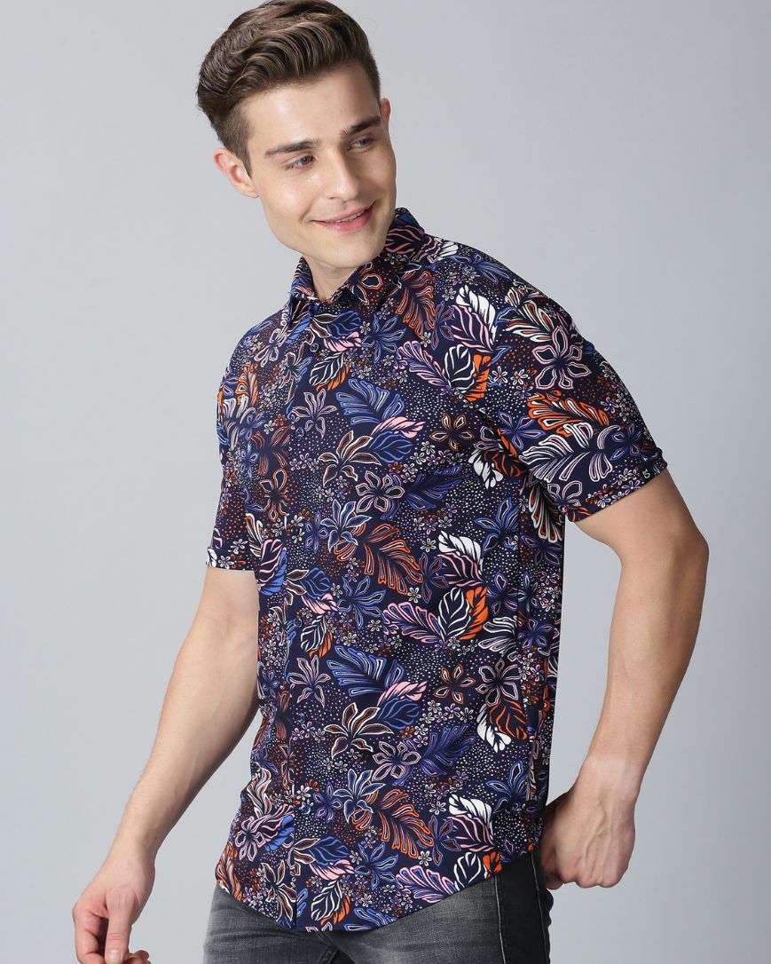 Navy Blue Flower Printed Shirt