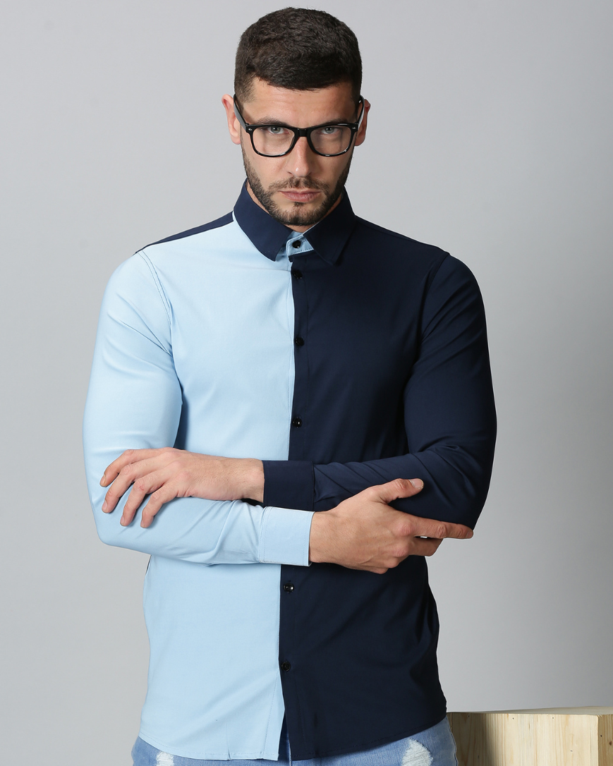 Men's Dual Color Stretch Shirt (Sky blue , Navy blue)