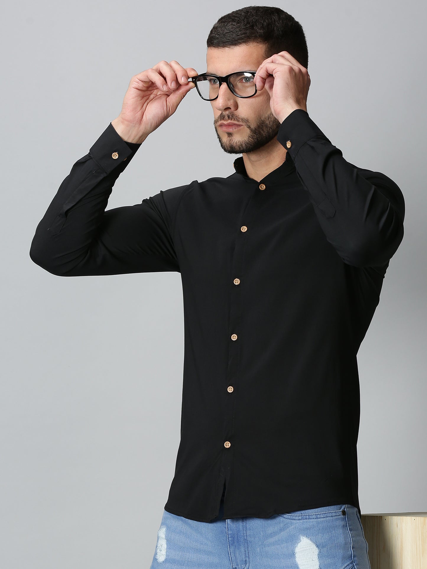 Black Mandarin Collared Stretch Shirt