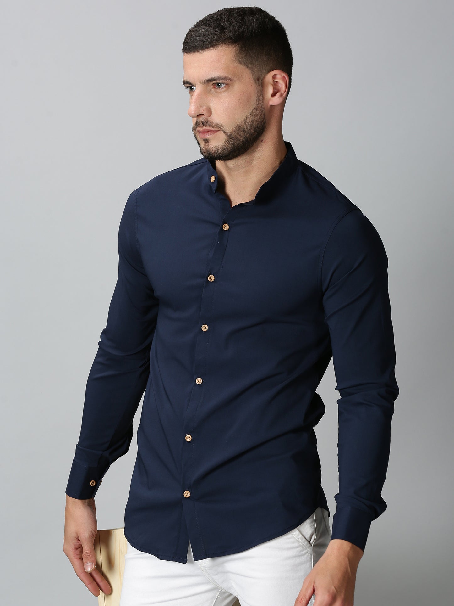 Navy Blue Mandarin Collared Stretch Shirt