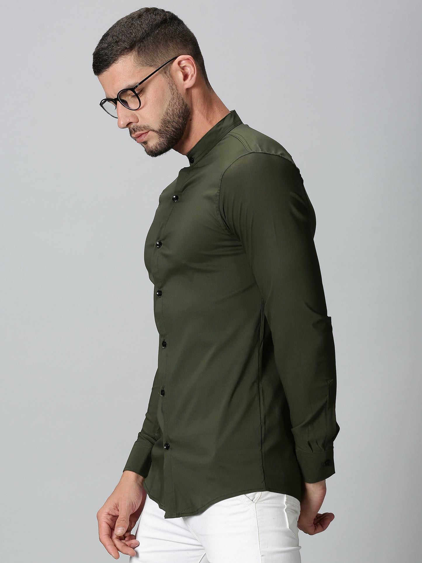 Olive Green Mandarin Collared Stretch Shirt