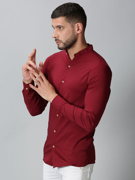 Red Mandarin Collared Stretch Shirt