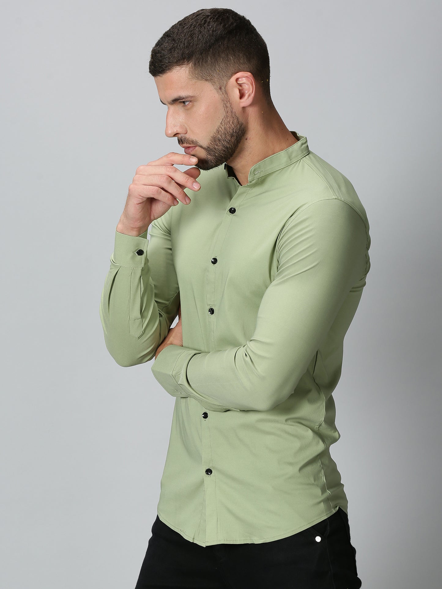 Light Green Mandarin Collared Stretch Shirt