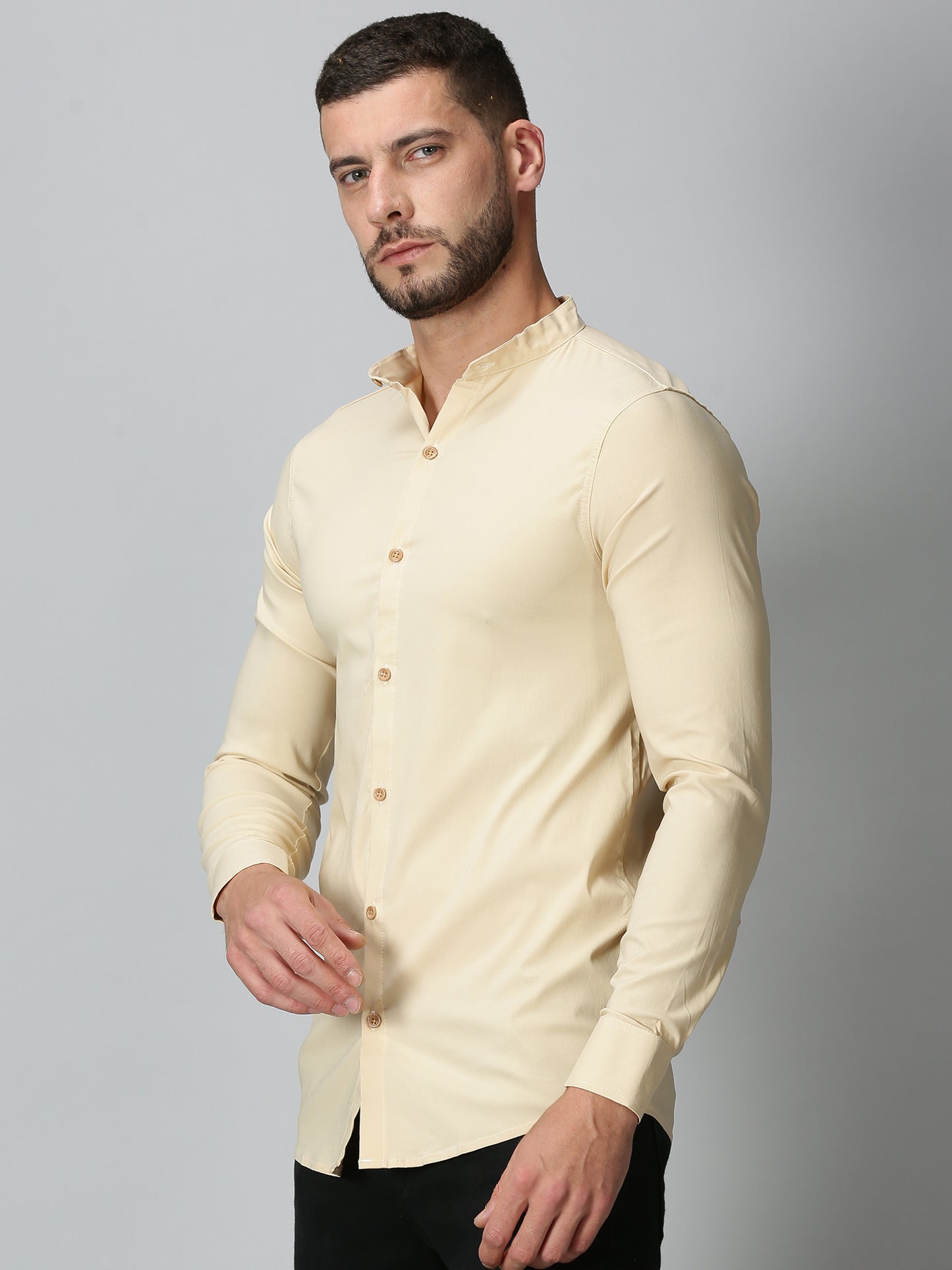 Beige Mandarin Collared Stretch Shirt