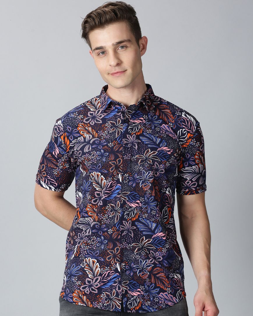 Navy Blue Flower Printed Shirt