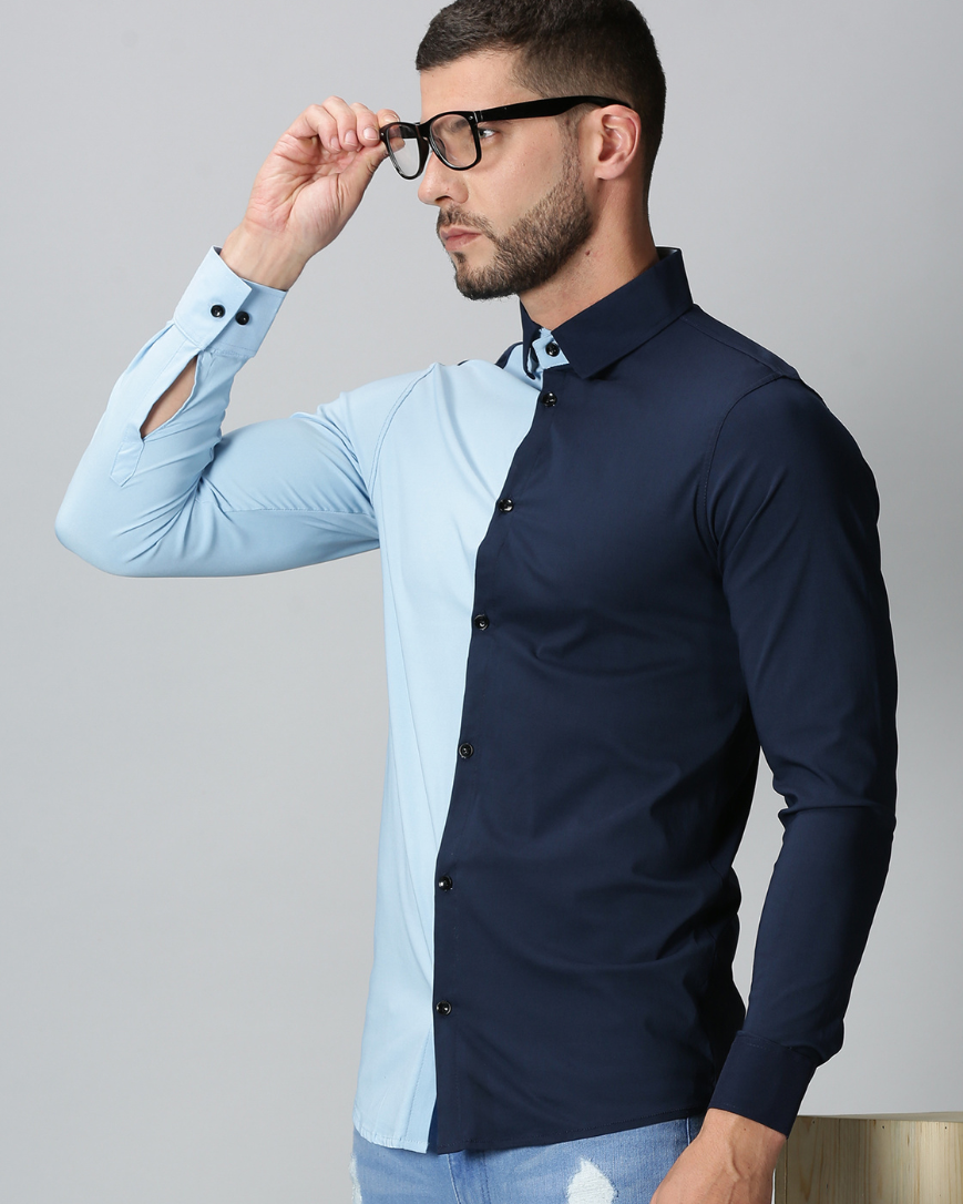 Men's Dual Color Stretch Shirt (Sky blue , Navy blue)