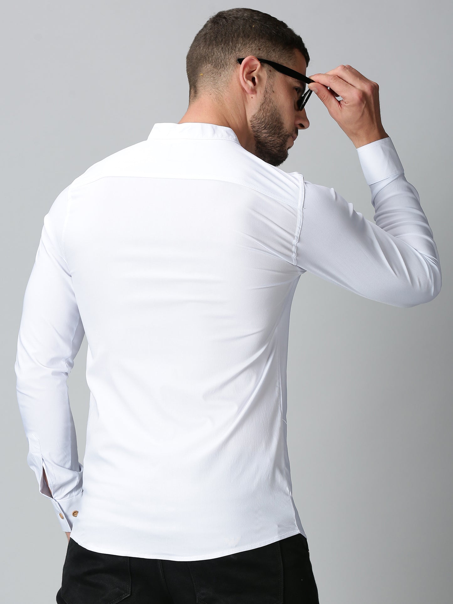 White Mandarin Collared Stretch Shirt