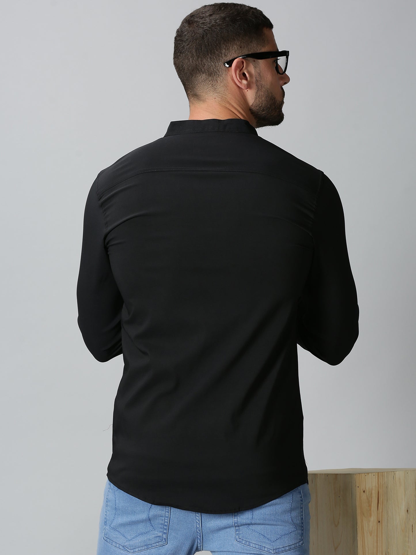 Black Mandarin Collared Stretch Shirt