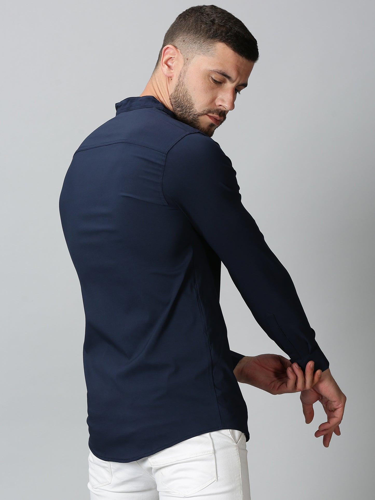 Navy Blue Mandarin Collared Stretch Shirt