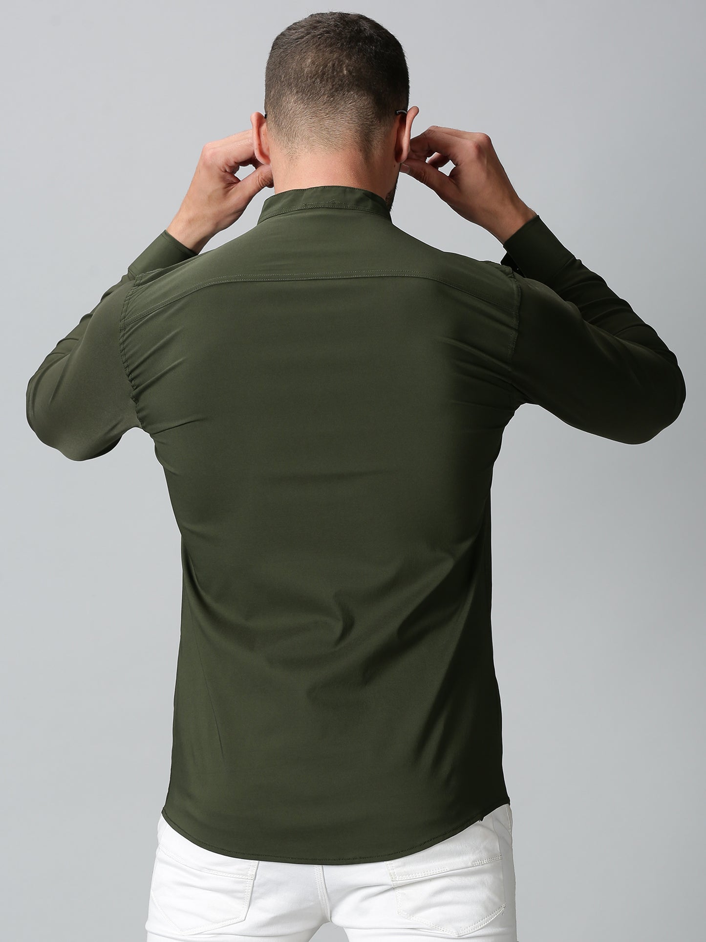 Olive Green Mandarin Collared Stretch Shirt