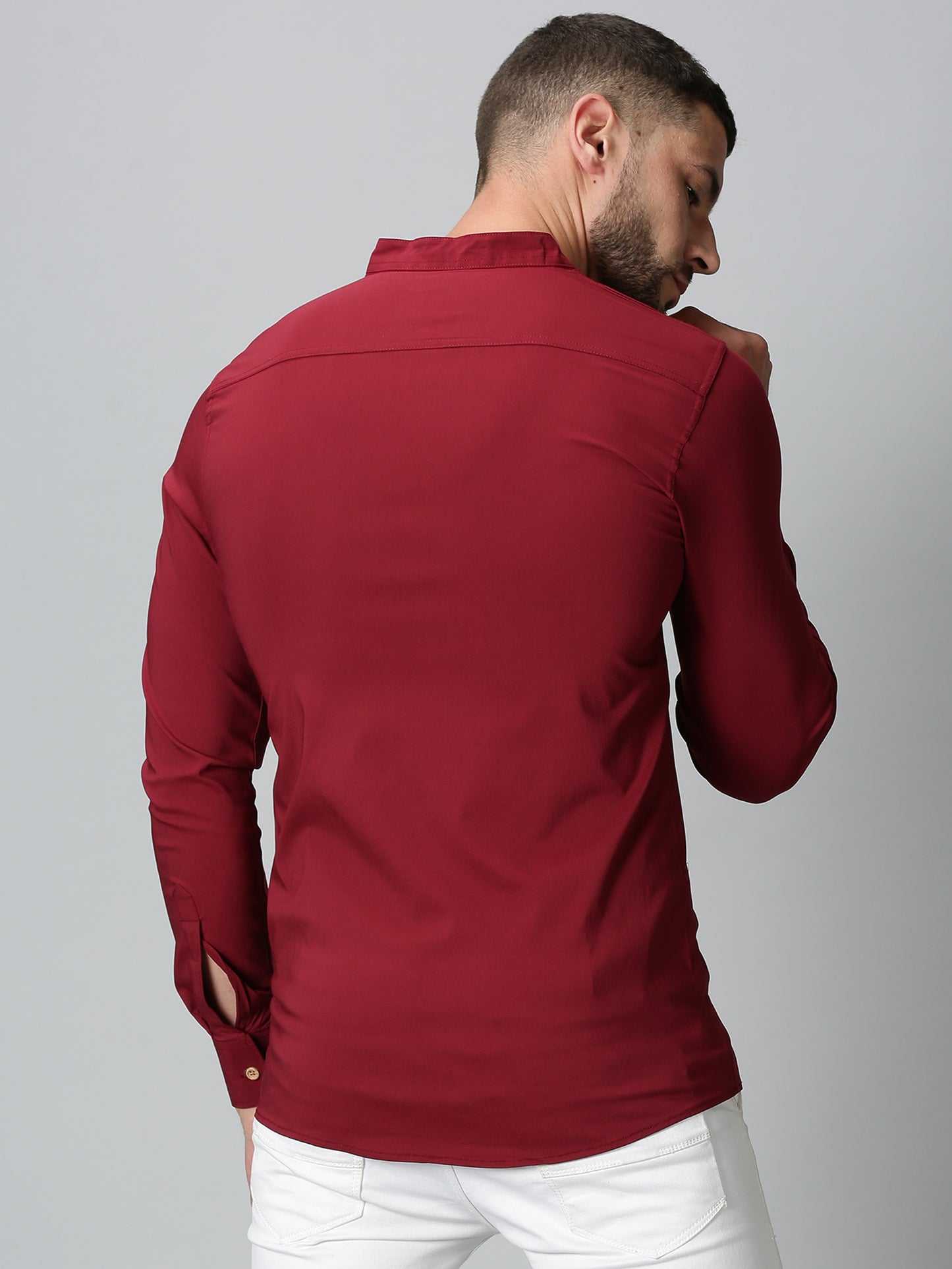 Red Mandarin Collared Stretch Shirt