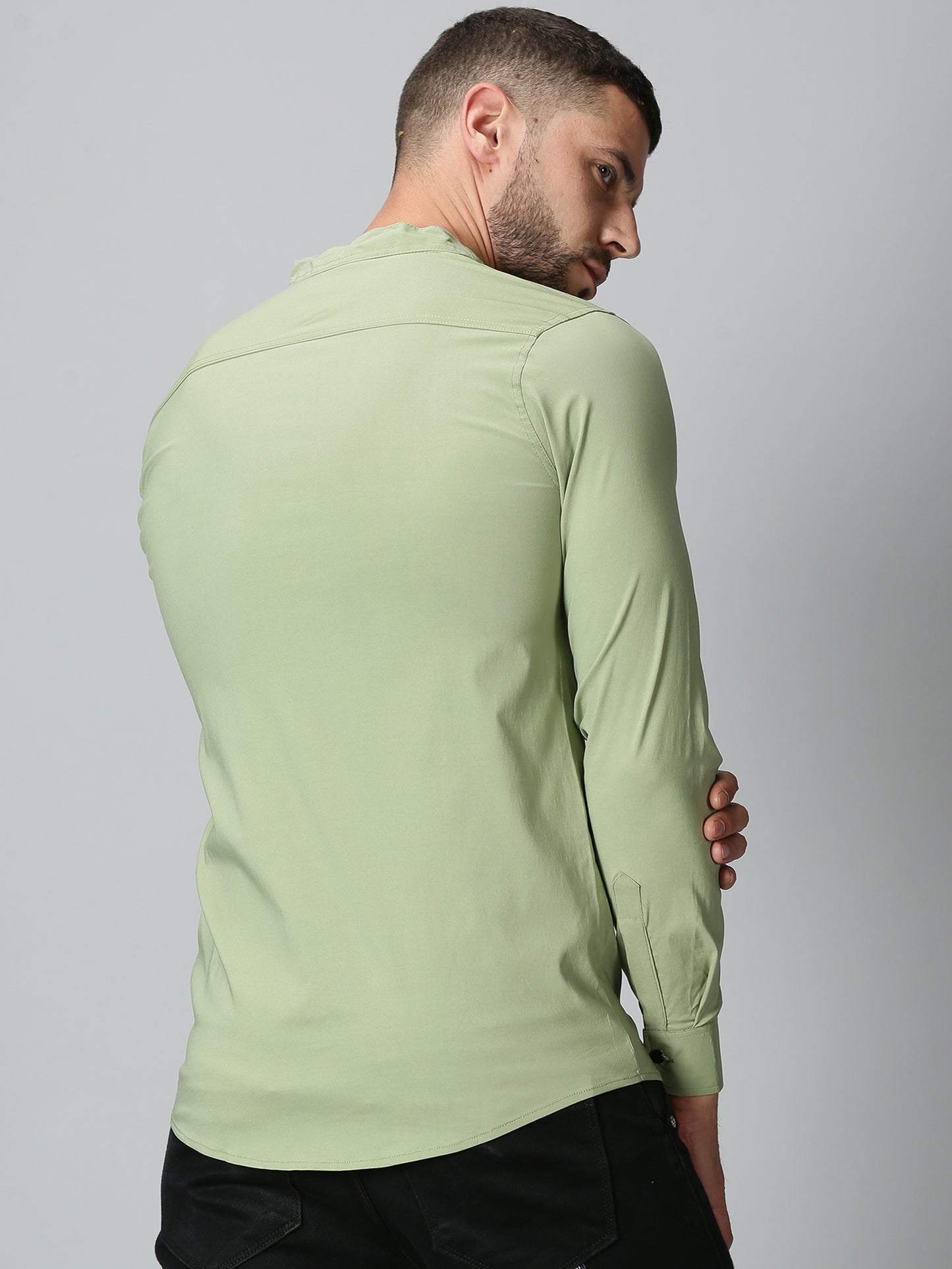 Light Green Mandarin Collared Stretch Shirt