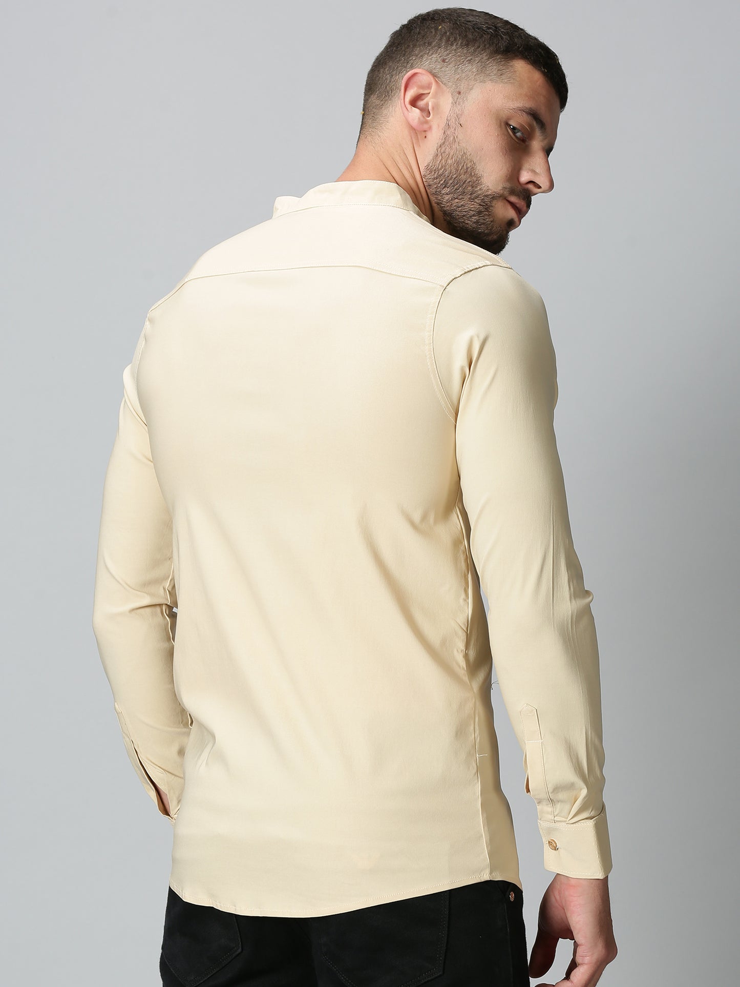 Beige Mandarin Collared Stretch Shirt