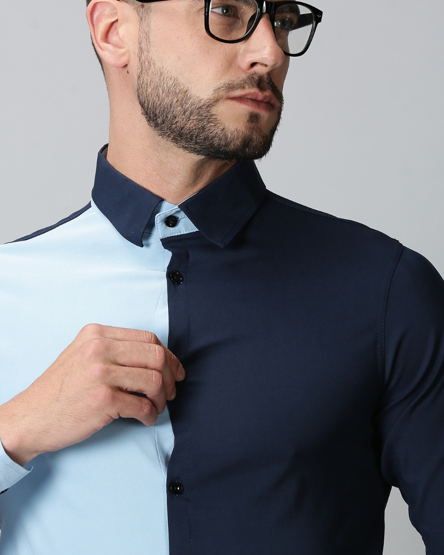 Men's Dual Color Stretch Shirt (Sky blue , Navy blue)