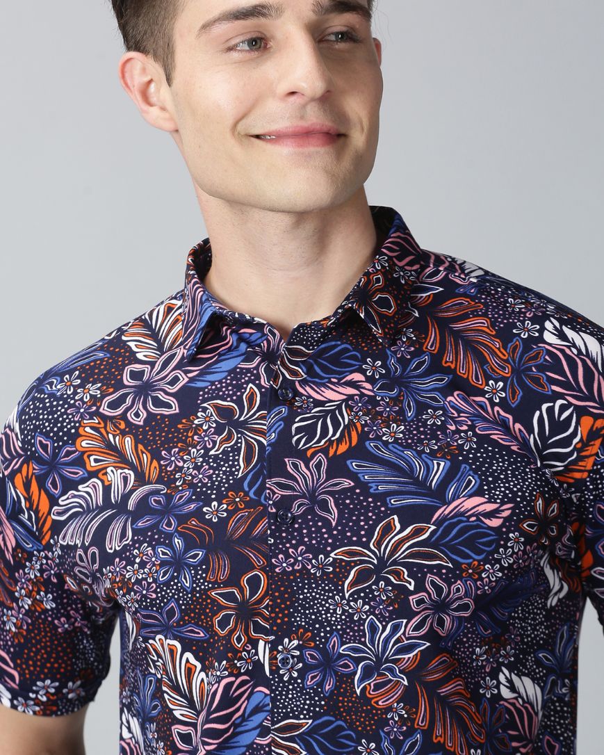 Navy Blue Flower Printed Shirt