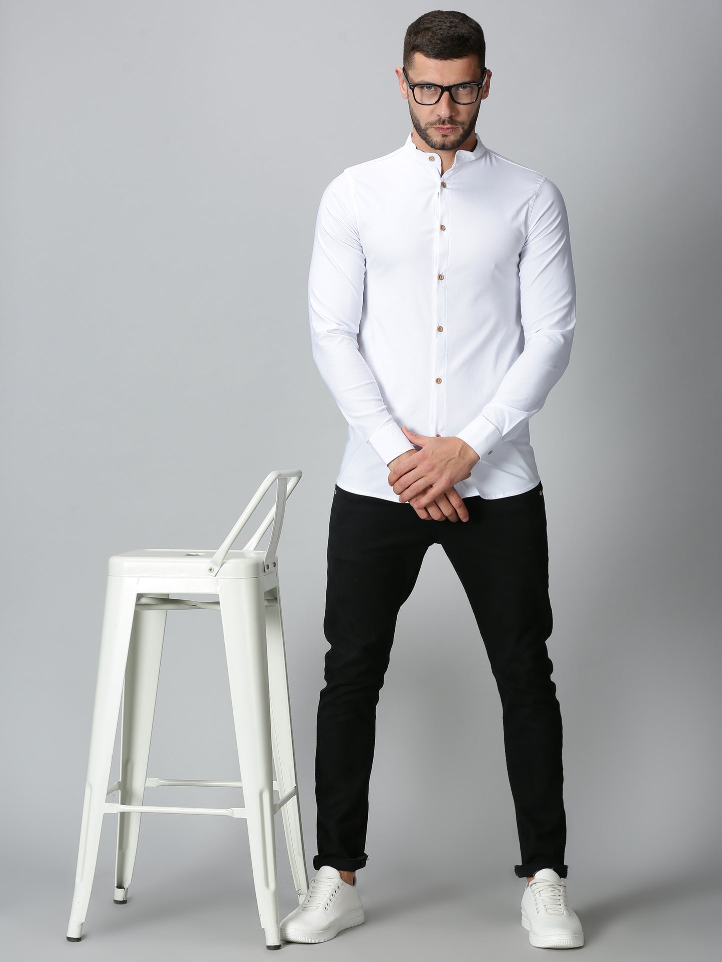 White Mandarin Collared Stretch Shirt