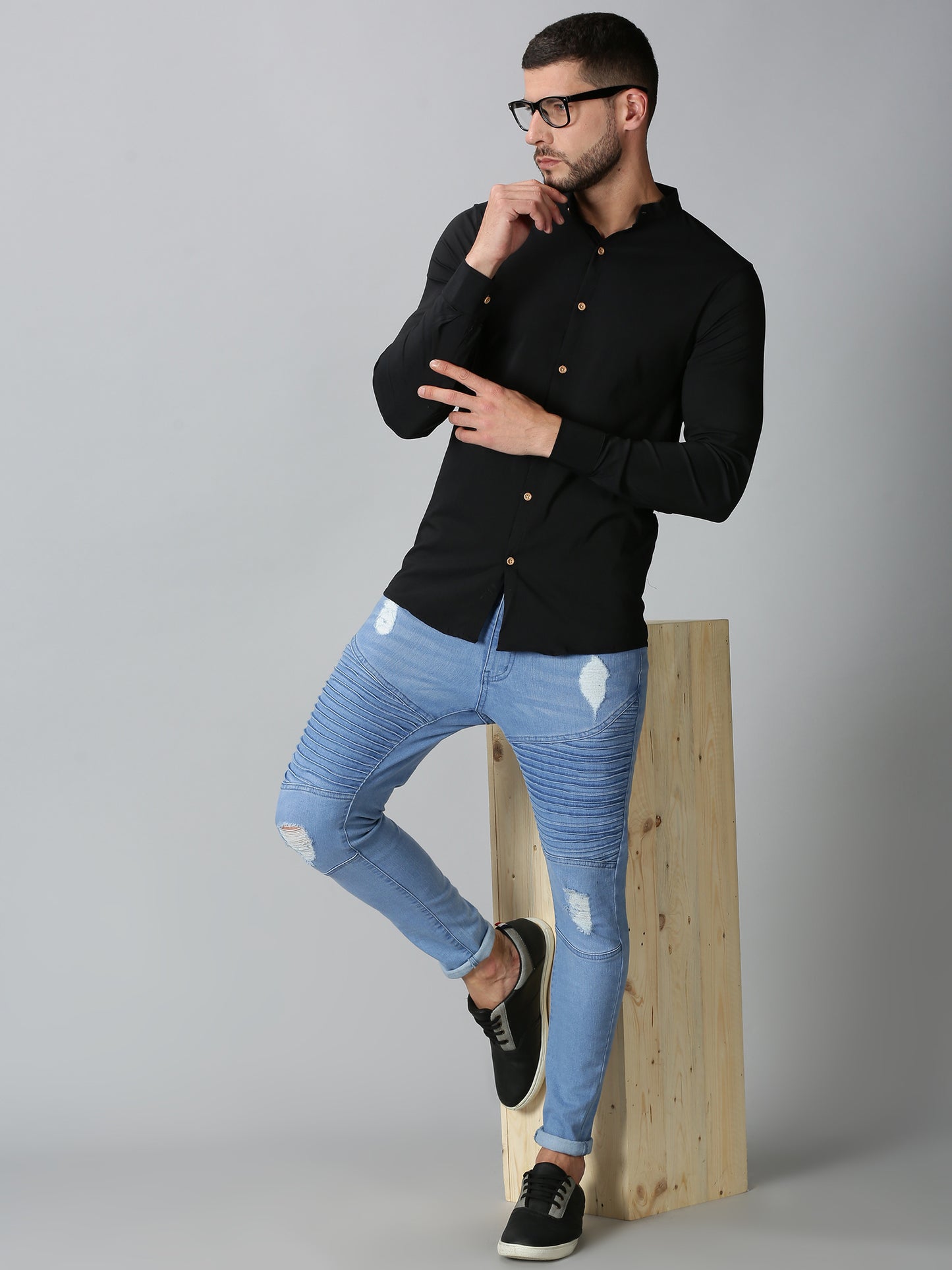 Black Mandarin Collared Stretch Shirt