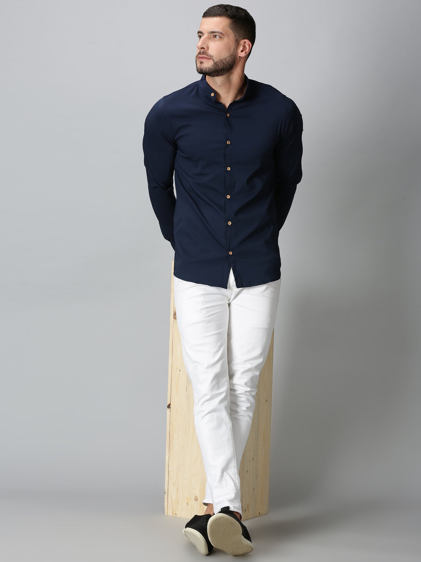 Navy Blue Mandarin Collared Stretch Shirt