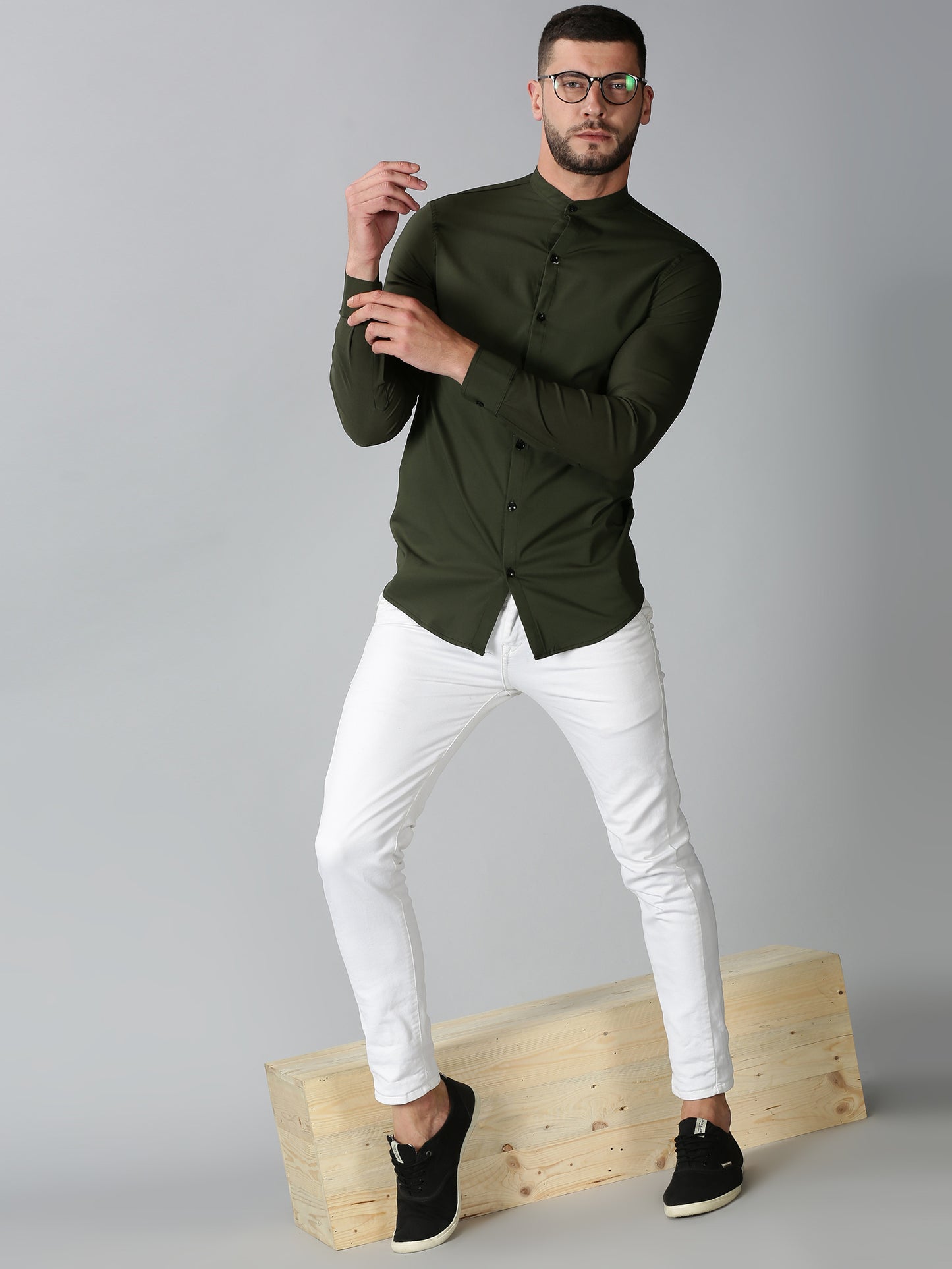 Olive Green Mandarin Collared Stretch Shirt