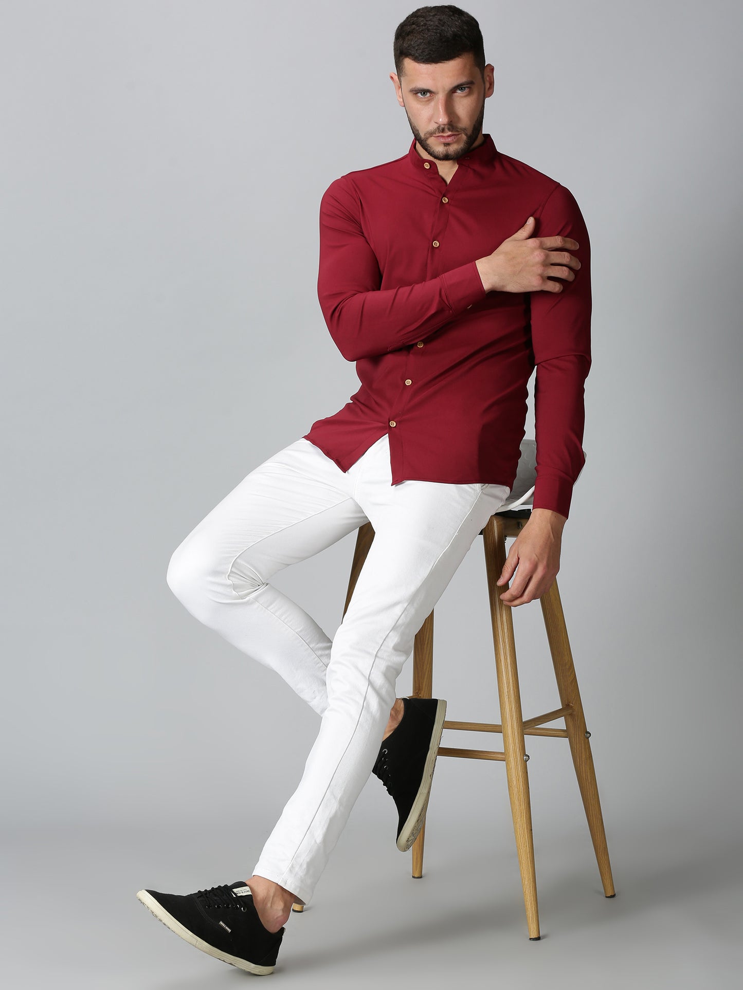 Red Mandarin Collared Stretch Shirt