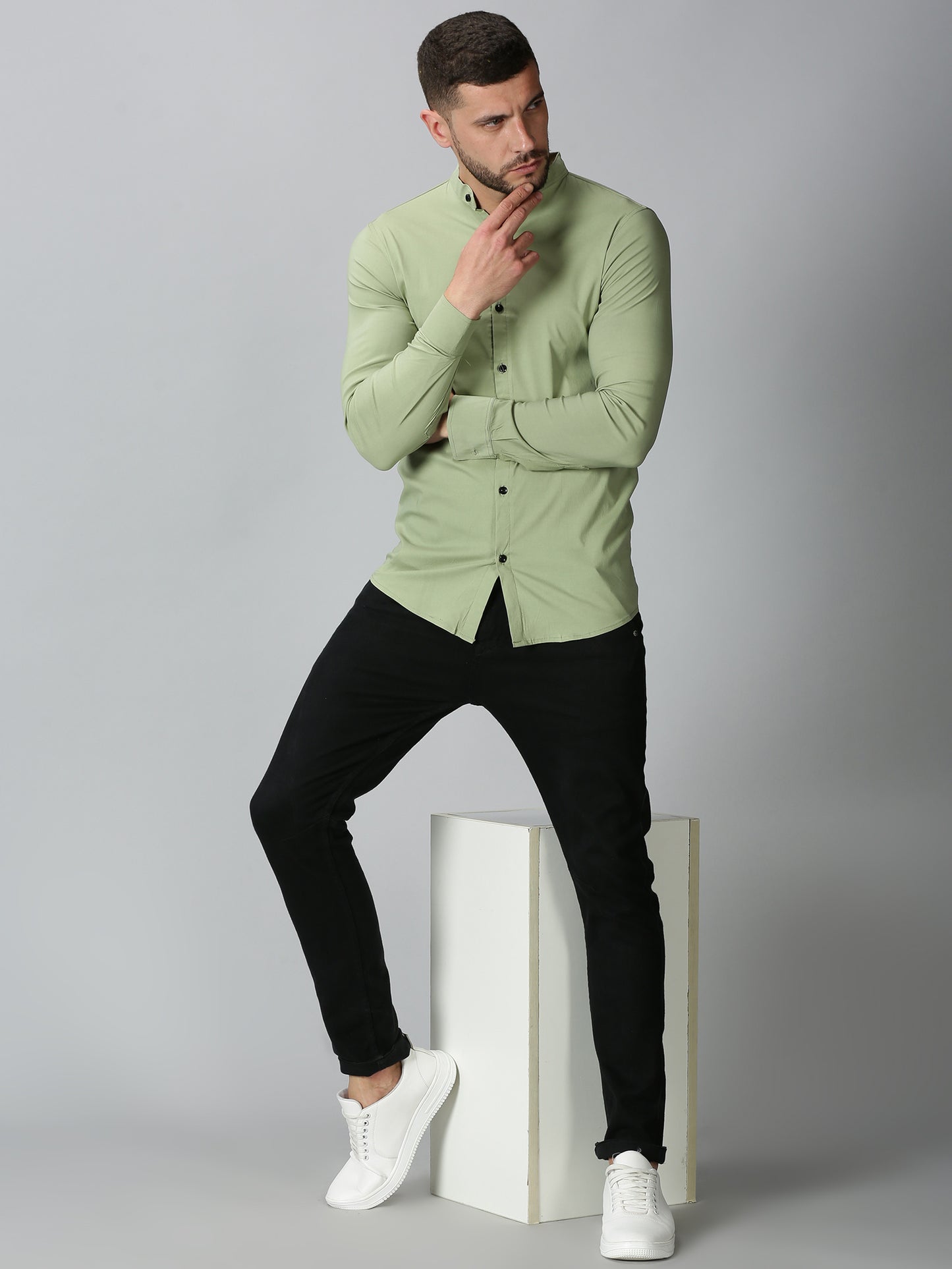 Light Green Mandarin Collared Stretch Shirt