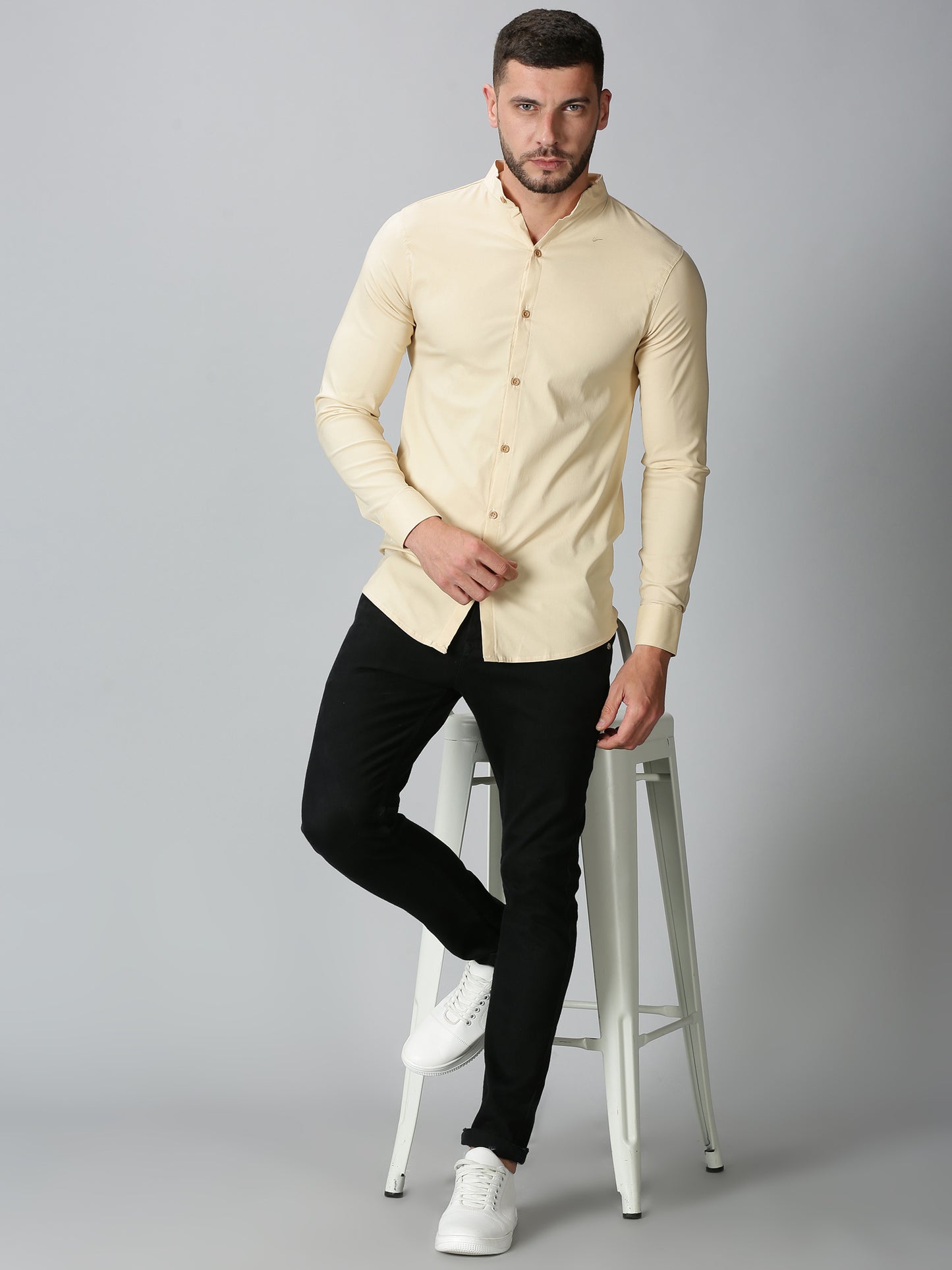 Beige Mandarin Collared Stretch Shirt