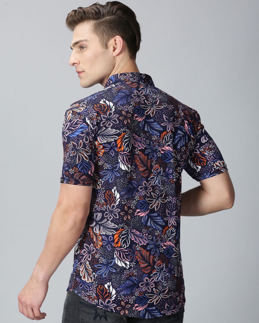 Navy Blue Flower Printed Shirt