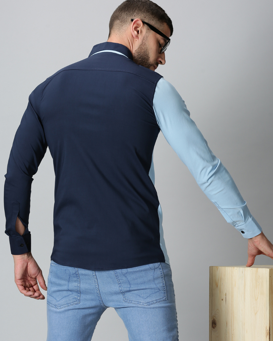 Men's Dual Color Stretch Shirt (Sky blue , Navy blue)