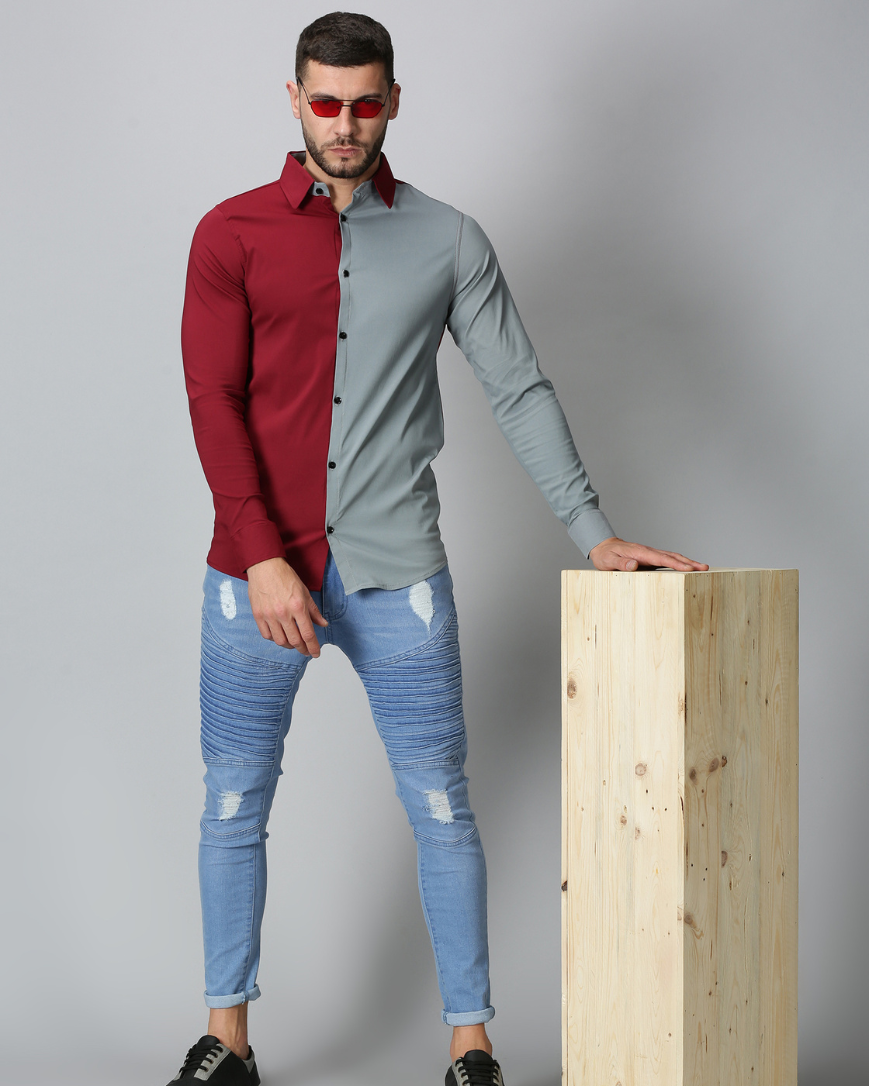 Men's Dual Color Stretch Shirt (Maroon , Grey)