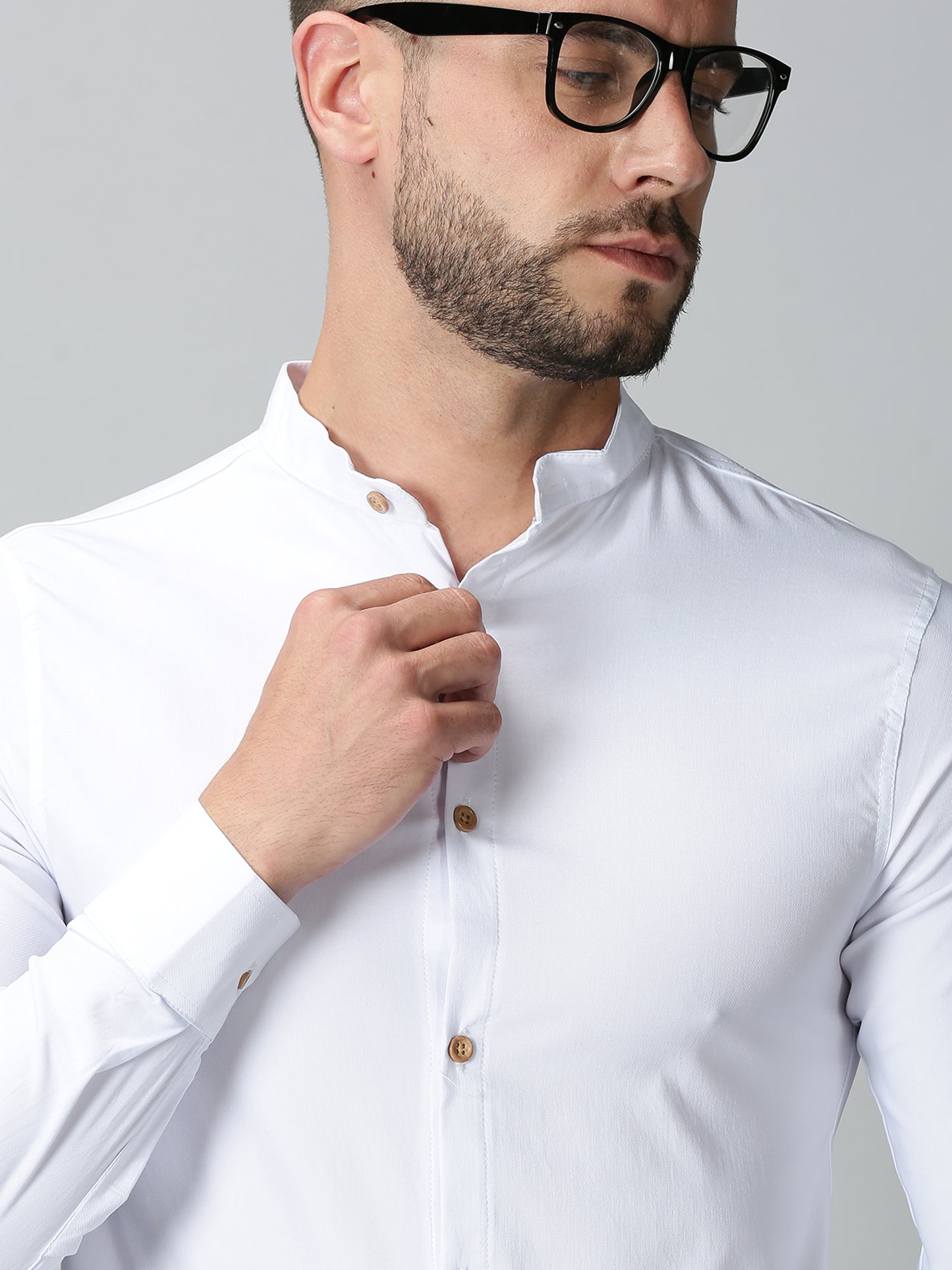 White Mandarin Collared Stretch Shirt