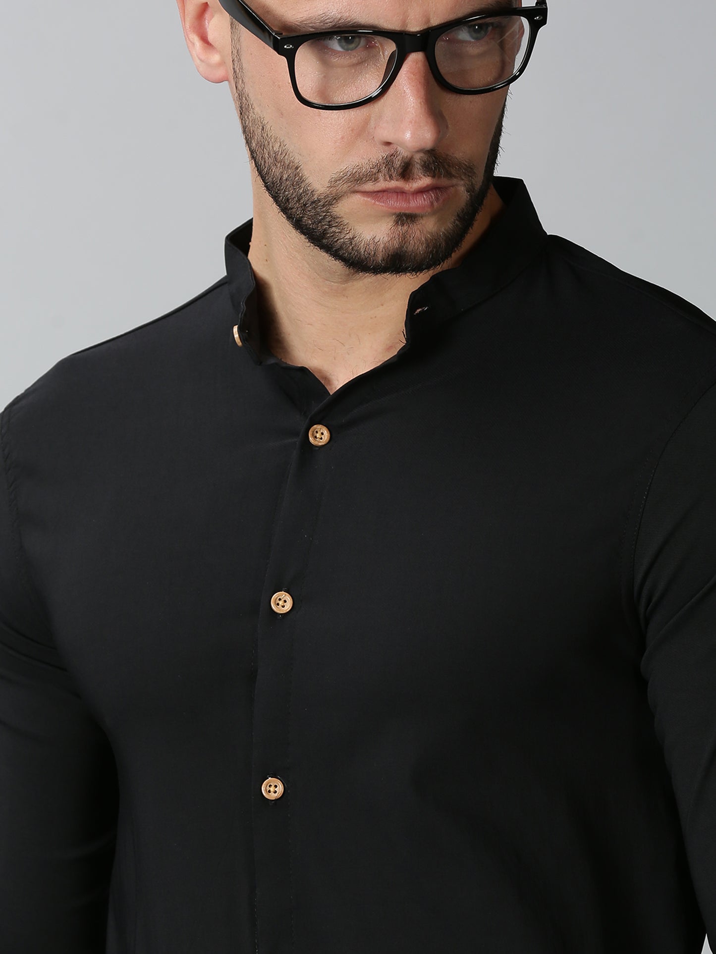 Black Mandarin Collared Stretch Shirt