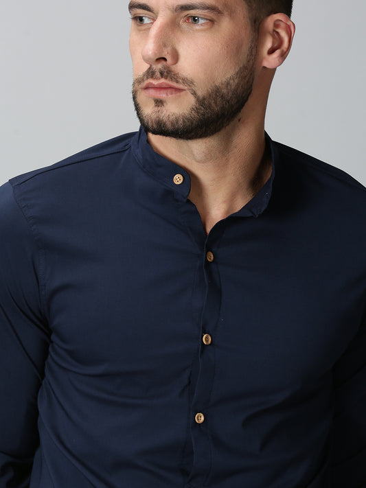 Navy Blue Mandarin Collared Stretch Shirt