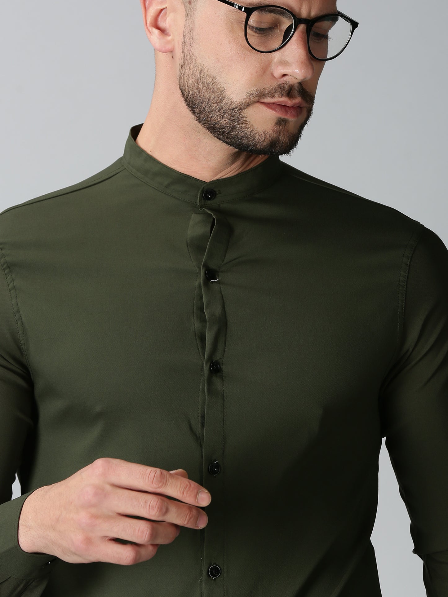 Olive Green Mandarin Collared Stretch Shirt