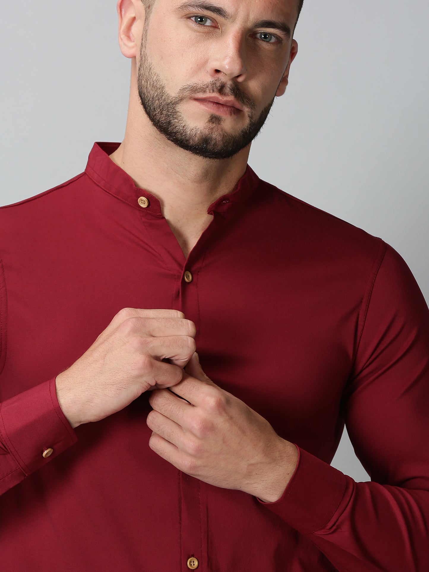 Red Mandarin Collared Stretch Shirt