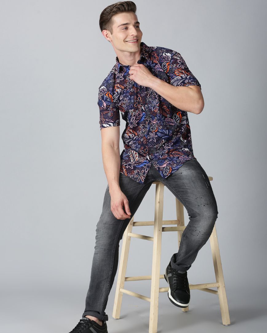 Navy Blue Flower Printed Shirt