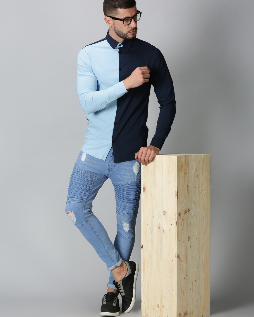 Men's Dual Color Stretch Shirt (Sky blue , Navy blue)